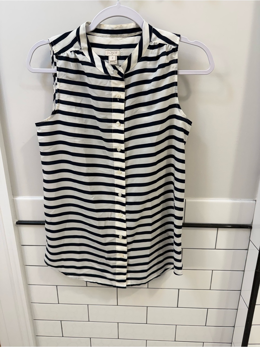J. Crew Sleeveless Navy and White Striped Button-Up Blouse